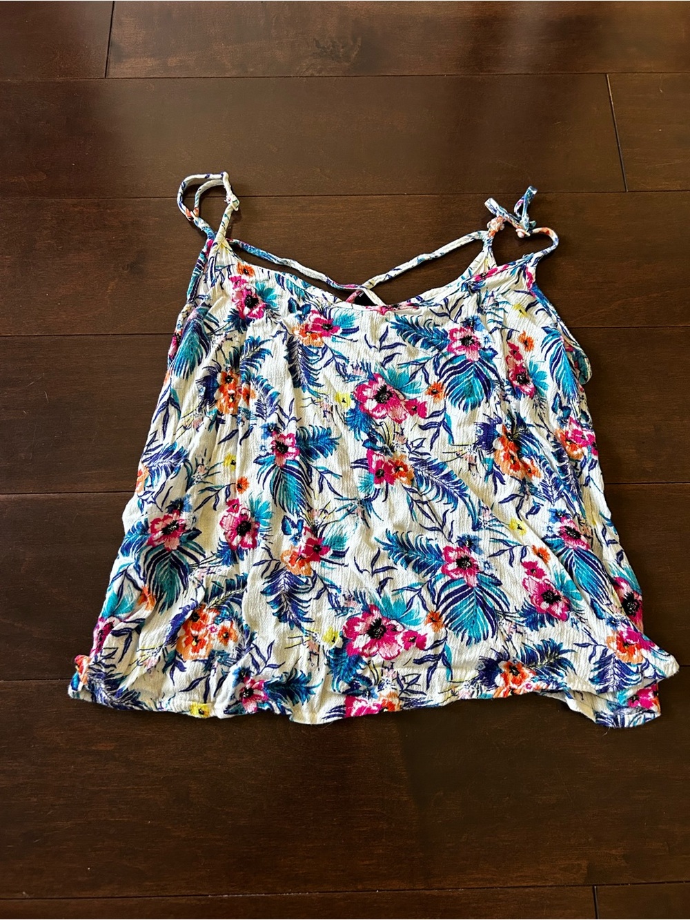 Divided Floral Strappy Camisole - White with Pink, Blue & Orange Flowers